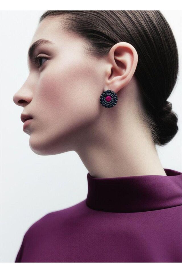 Antrasit Küpe | Pembe Kristal Taşlı Küpe | El Yapımı Modern ve Şık Polimer Kil Küpe