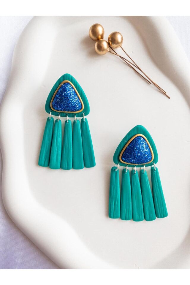 Turkuaz Polimer Kil Küpe – Mavi Simli Gold Yaldızlı Tasarım – Antialerjik Çelik Çivili