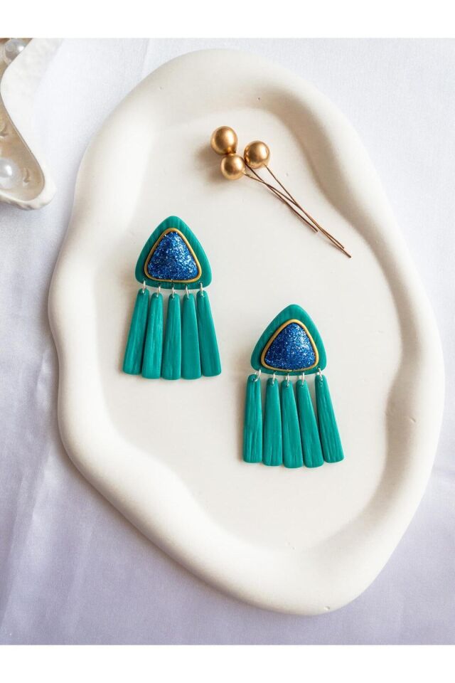 Turkuaz Polimer Kil Küpe – Mavi Simli Gold Yaldızlı Tasarım – Antialerjik Çelik Çivili