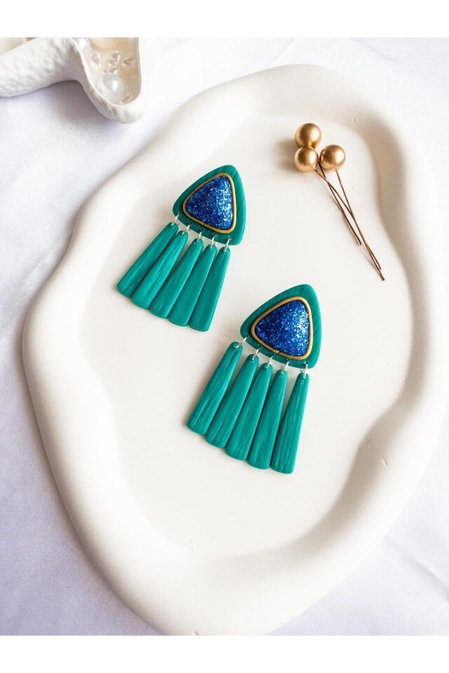 Turkuaz Polimer Kil Küpe – Mavi Simli Gold Yaldızlı Tasarım – Antialerjik Çelik Çivili