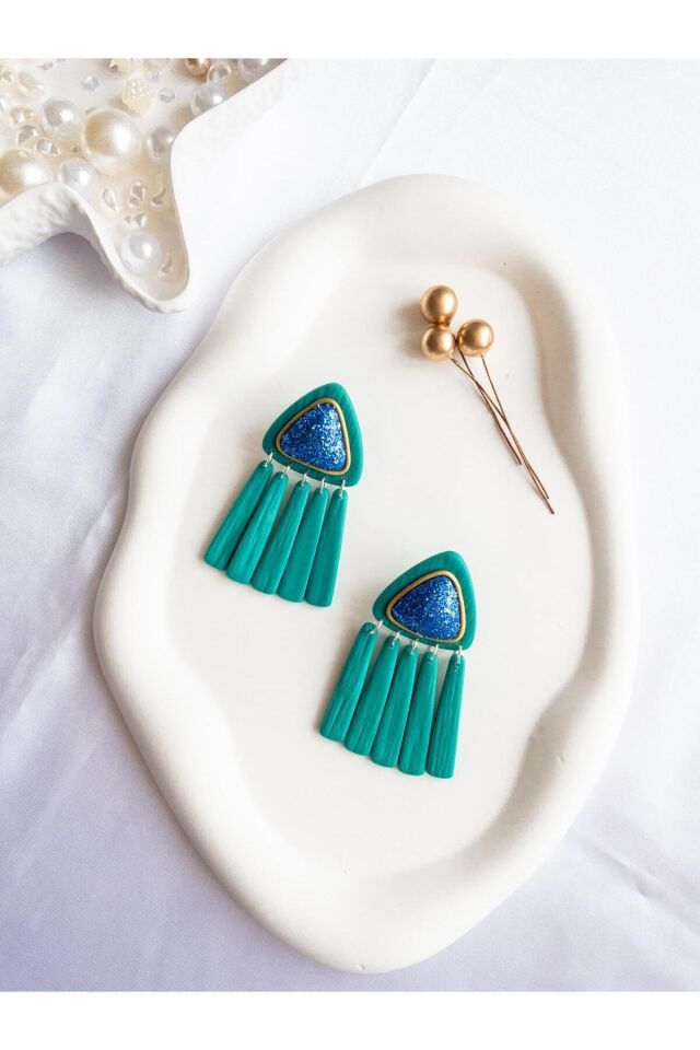 Turkuaz Polimer Kil Küpe – Mavi Simli Gold Yaldızlı Tasarım – Antialerjik Çelik Çivili