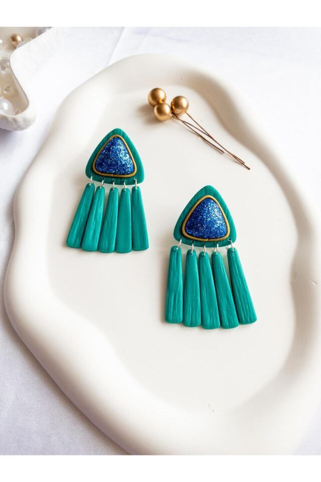 Turkuaz Polimer Kil Küpe – Mavi Simli Gold Yaldızlı Tasarım – Antialerjik Çelik Çivili