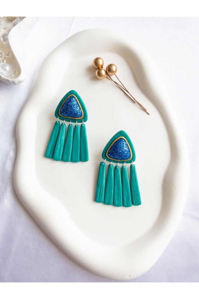 Turkuaz Polimer Kil Küpe – Mavi Simli Gold Yaldızlı Tasarım – Antialerjik Çelik Çivili