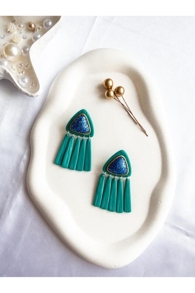 Turkuaz Polimer Kil Küpe – Mavi Simli Gold Yaldızlı Tasarım – Antialerjik Çelik Çivili