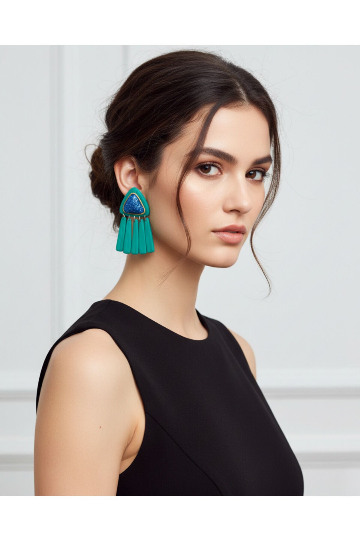 Turkuaz Polimer Kil Küpe – Mavi Simli Gold Yaldızlı Tasarım – Antialerjik Çelik Çivili