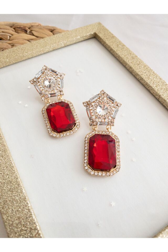 Baget Kırmızı Taşlı Kristal Küpe