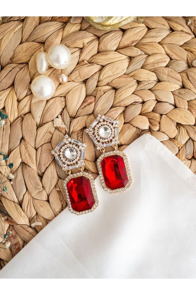 Baget Kırmızı Taşlı Kristal Küpe