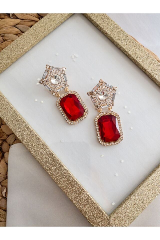 Baget Kırmızı Taşlı Kristal Küpe