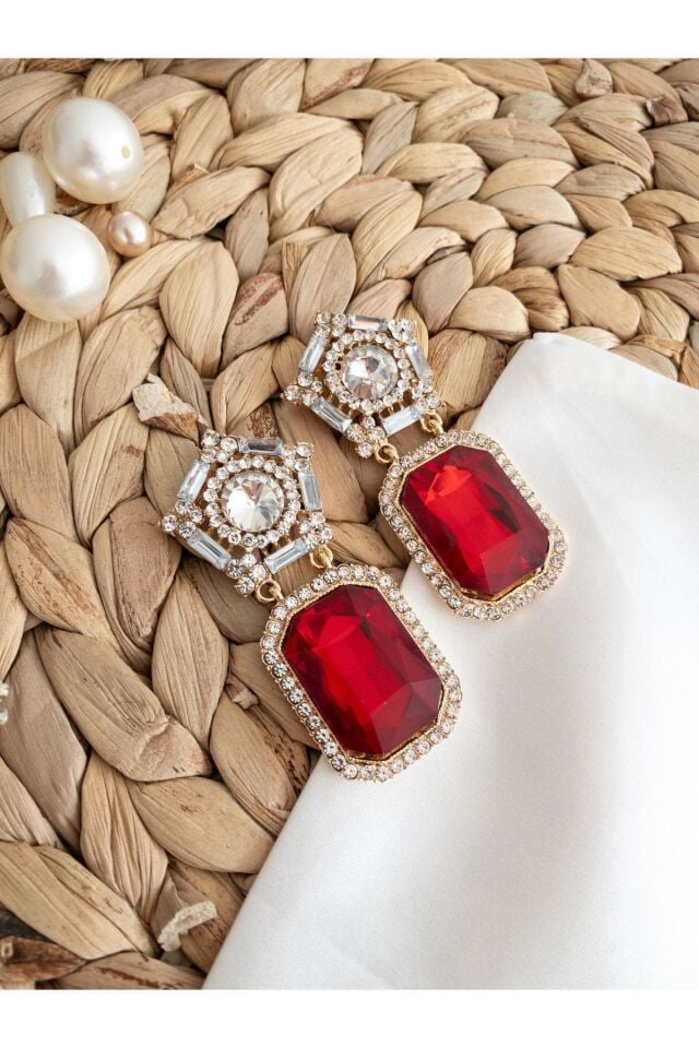 Baget Kırmızı Taşlı Kristal Küpe