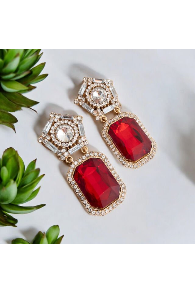 Baget Kırmızı Taşlı Kristal Küpe