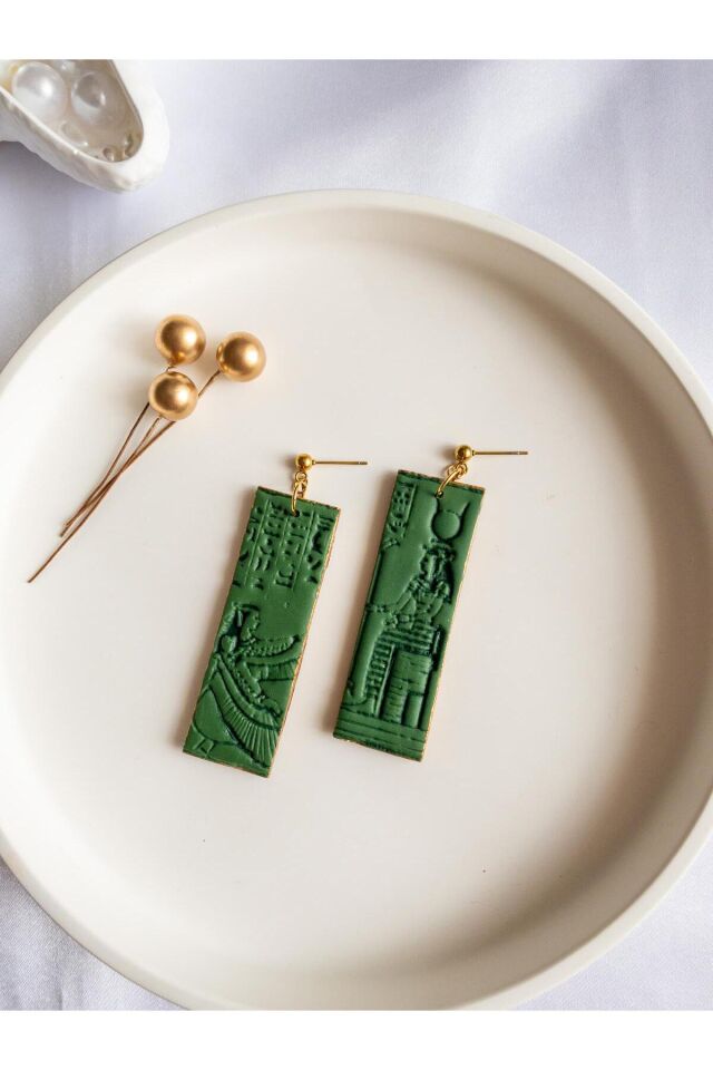 Mısır Figürlü Küpe – Ma'at & Hathor Tasarımı – El Yapımı Yeşil Polimer Kil & Antialerjik