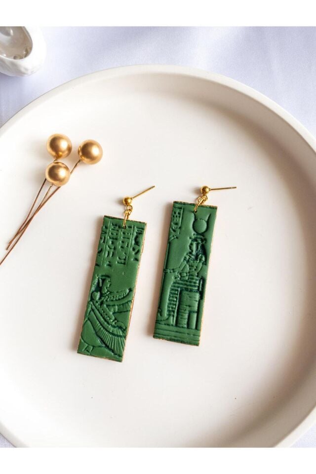 Mısır Figürlü Küpe – Ma'at & Hathor Tasarımı – El Yapımı Yeşil Polimer Kil & Antialerjik