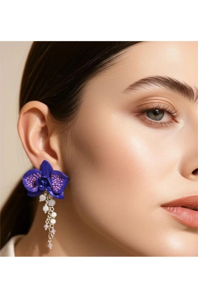 BeuBella El Yapımı Mor Orkide Küpe – 925 Ayar Gümüş – Kristal Boncuklu Çiçek Küpe