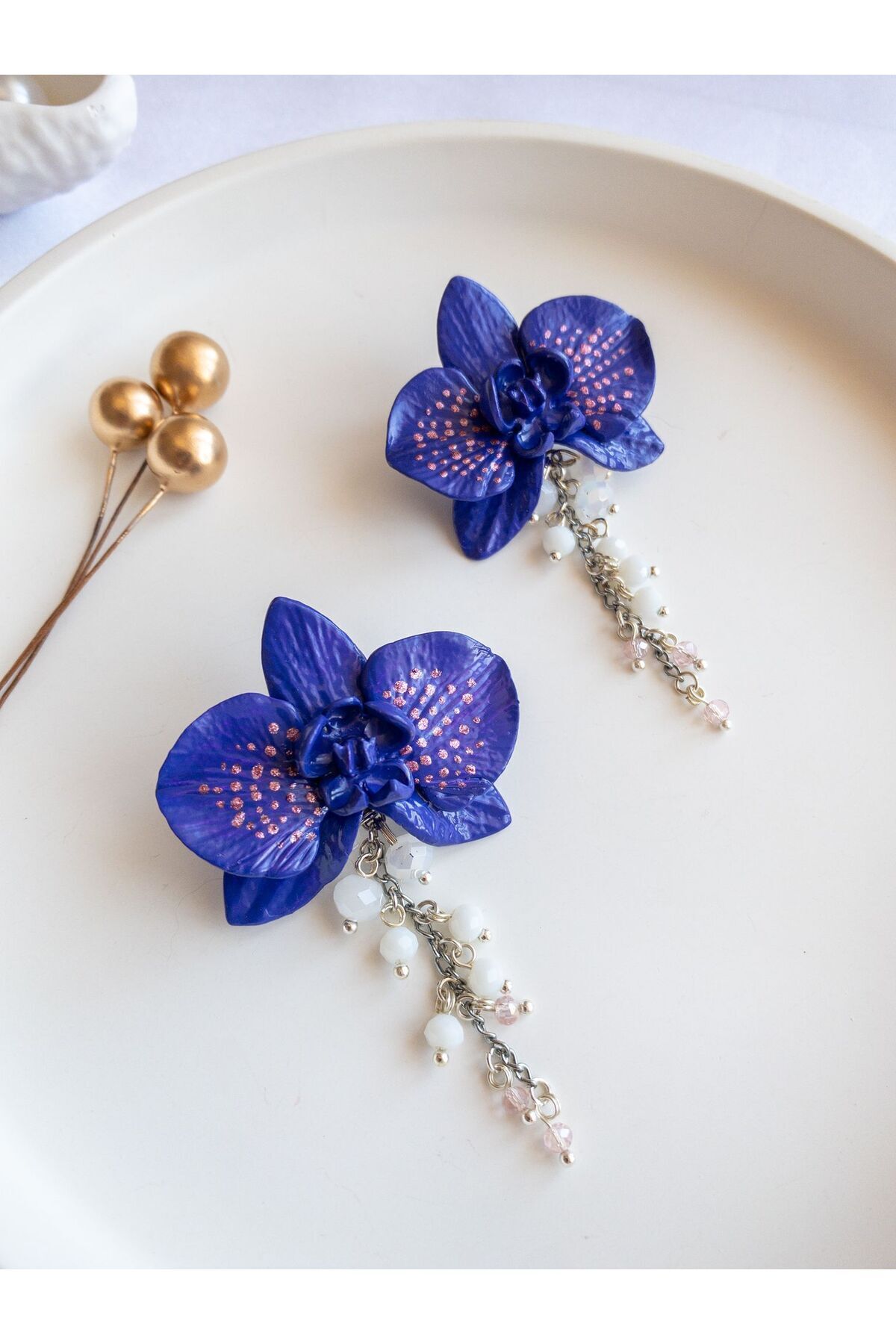 BeuBella El Yapımı Mor Orkide Küpe – 925 Ayar Gümüş – Kristal Boncuklu Çiçek Küpe