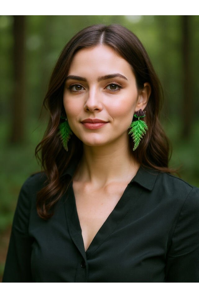 BeuBella Yaprak Formlu El Yapımı Küpe – Yeşil & Kahverengi Polimer Kil – Antialerjik Çelik