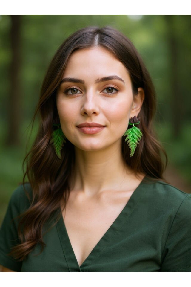 BeuBella Yaprak Formlu El Yapımı Küpe – Yeşil & Kahverengi Polimer Kil – Antialerjik Çelik