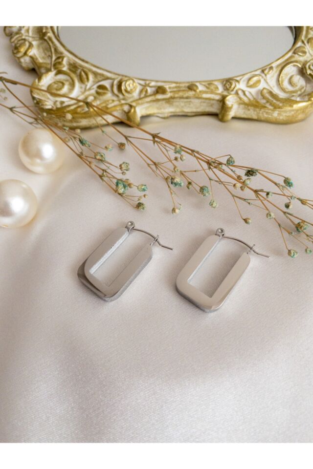 Gümüş Kalın Dikdörtgen Halka Çelik Küpe