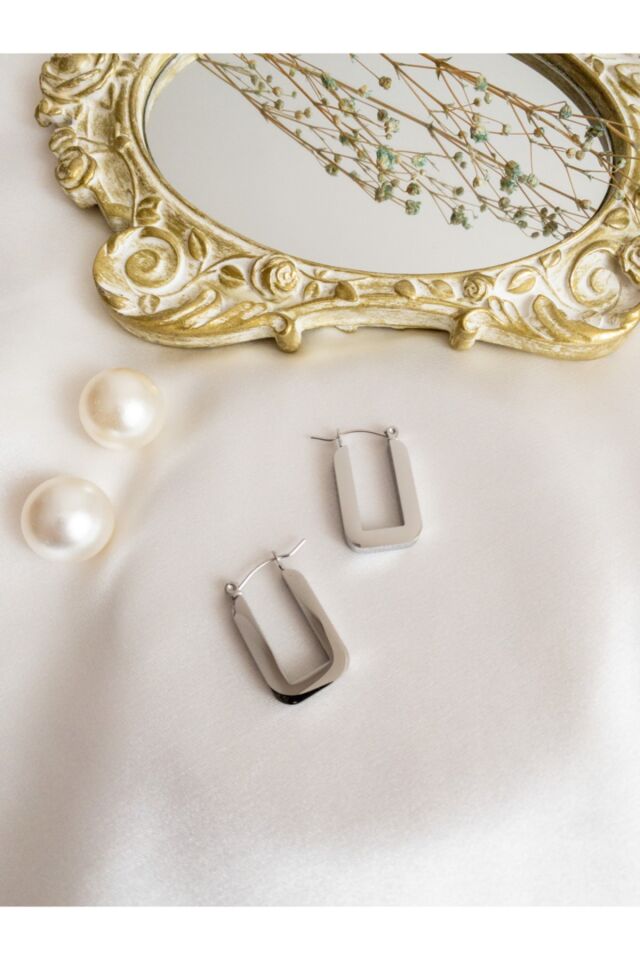 Gümüş Kalın Dikdörtgen Halka Çelik Küpe