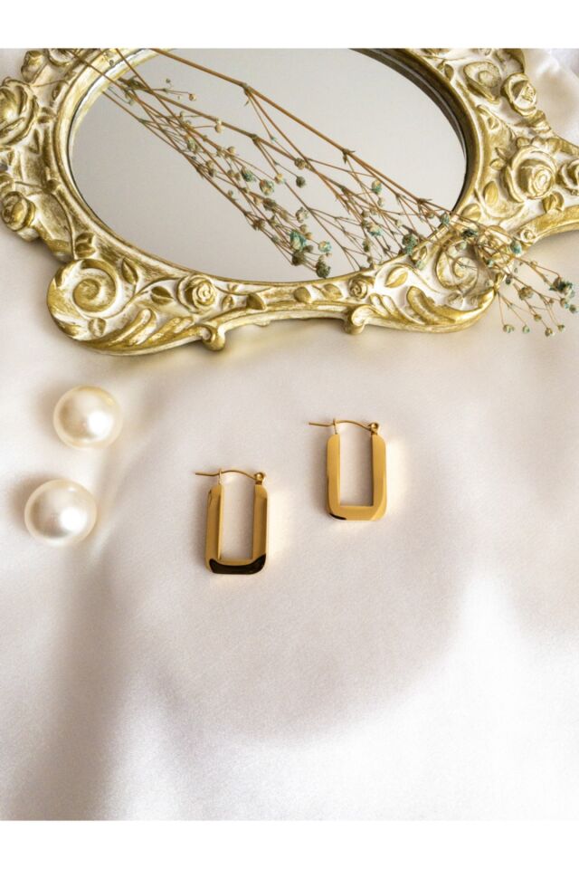 Gold Kalın Dikdörtgen Halka Çelik Küpe