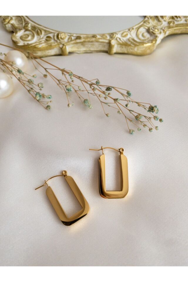 Gold Kalın Dikdörtgen Halka Çelik Küpe