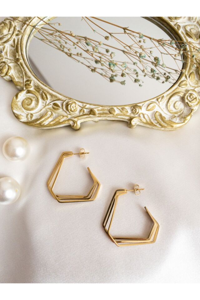 Gold Üç Sıra Üçgen Çelik Küpe