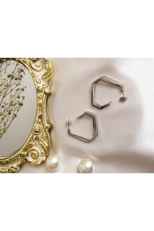 Gümüş Üç Sıra Üçgen Çelik Küpe