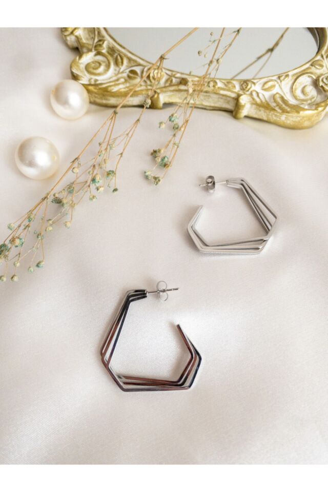 Gümüş Üç Sıra Üçgen Çelik Küpe