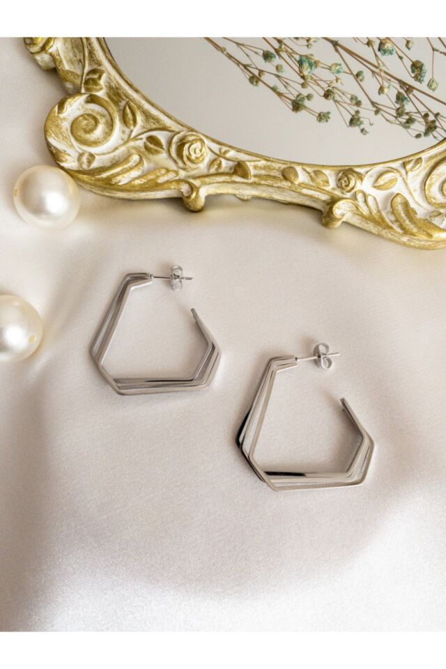 Gümüş Üç Sıra Üçgen Çelik Küpe