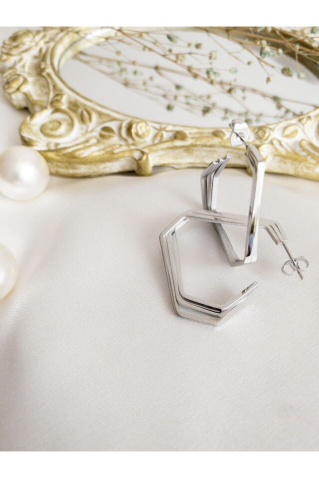 Gümüş Üç Sıra Üçgen Çelik Küpe