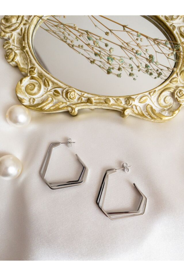 Gümüş Üç Sıra Üçgen Çelik Küpe