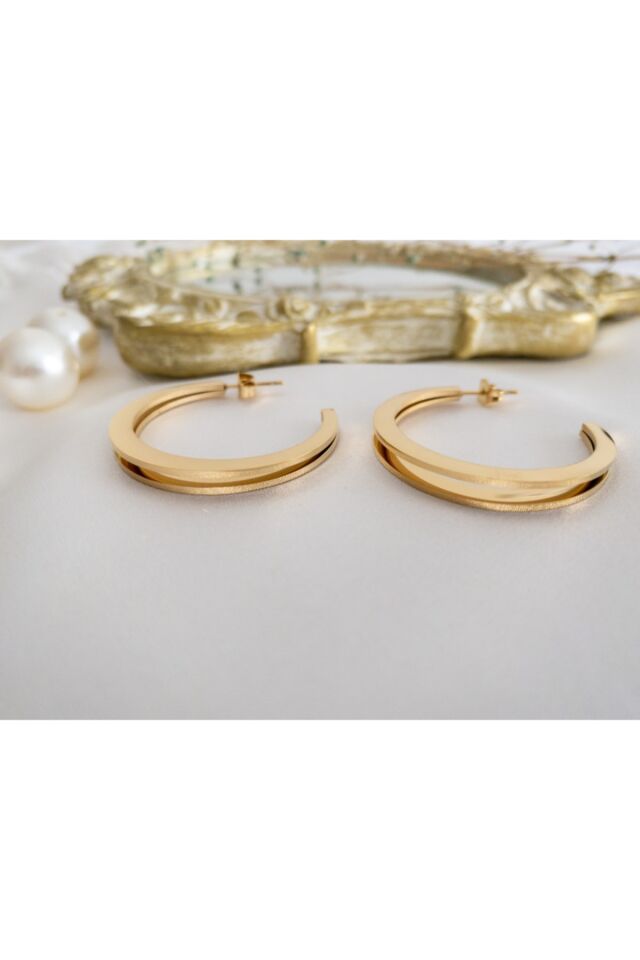 Gold Çift Sıra Çelik Halka Küpe