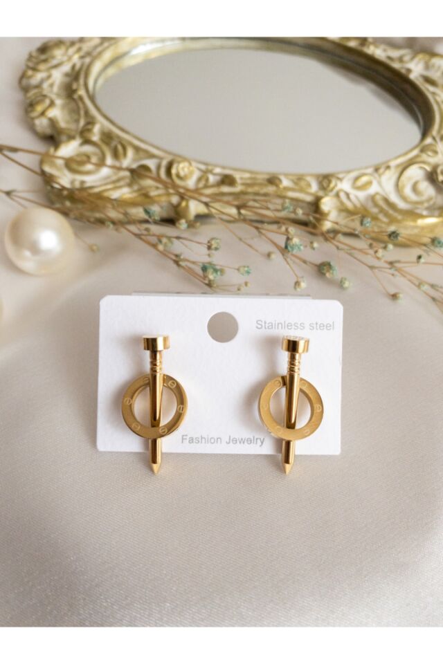 Çivi Model Gold Çelik Küpe