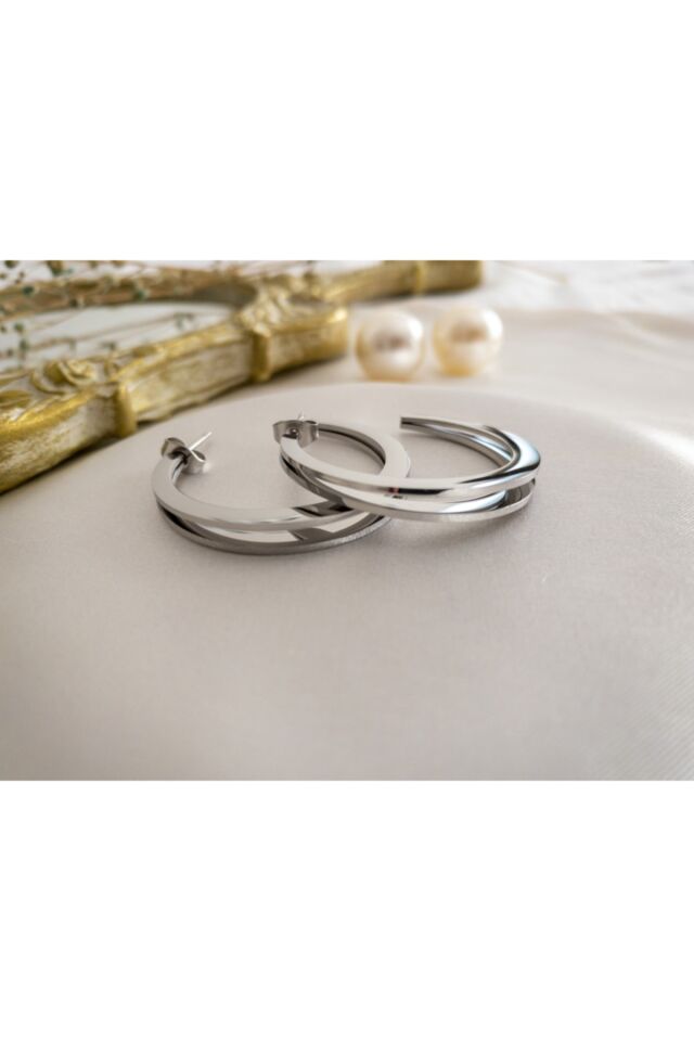 Gümüş Çift Sıra Çelik Halka Küpe