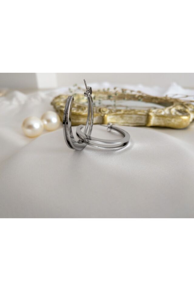 Gümüş Çift Sıra Çelik Halka Küpe