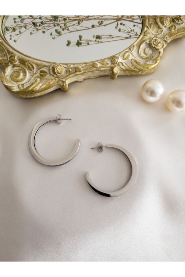 Gümüş Çift Sıra Çelik Halka Küpe