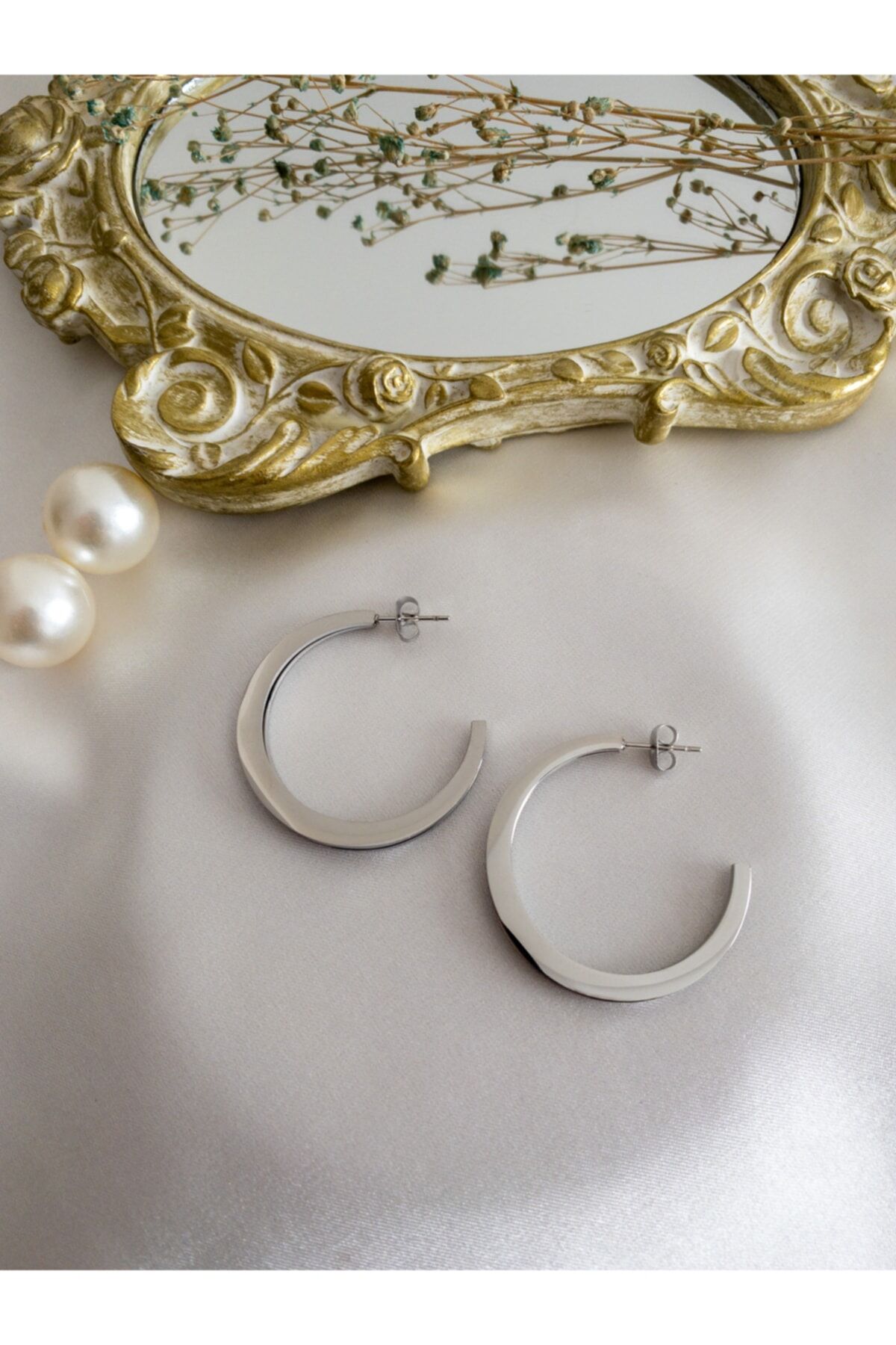 Gümüş Çift Sıra Çelik Halka Küpe