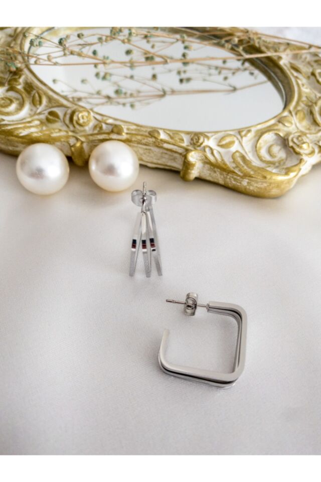 Gümüş Üç Sıra Kare Çelik Halka Küpe