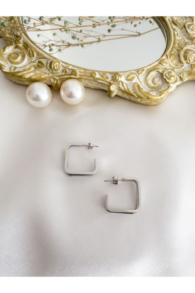 Gümüş Üç Sıra Kare Çelik Halka Küpe