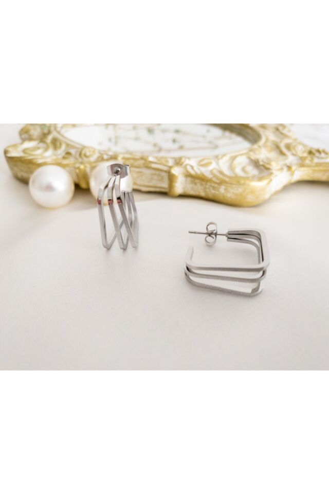 Gümüş Üç Sıra Kare Çelik Halka Küpe