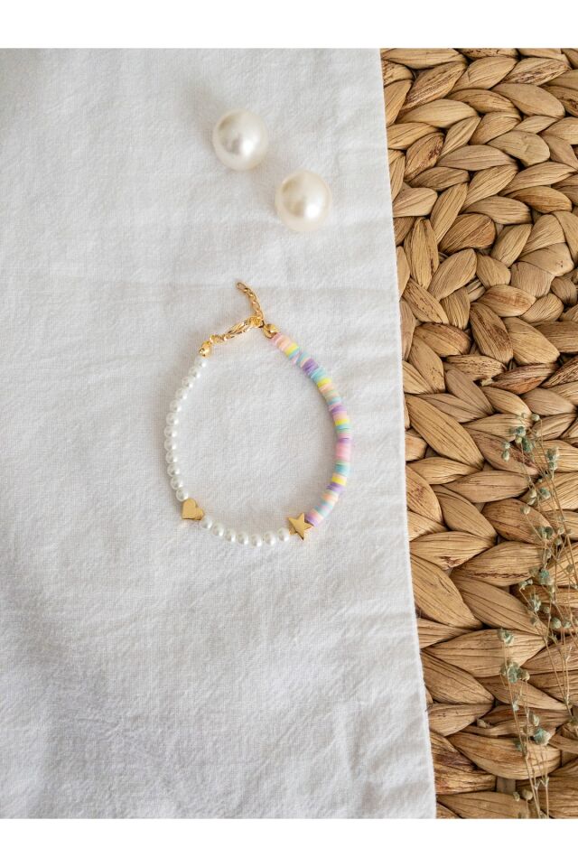 Renkli Pastel Fimo Ve Inci Boncuk Kalpli Yıldızlı Bileklik