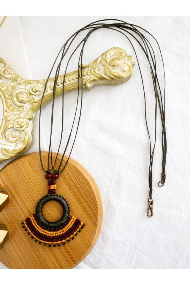 El Yapımı Haki Mumlu Ip Üzeri Makrome Turuncu/bordo Yelpaze Kolye