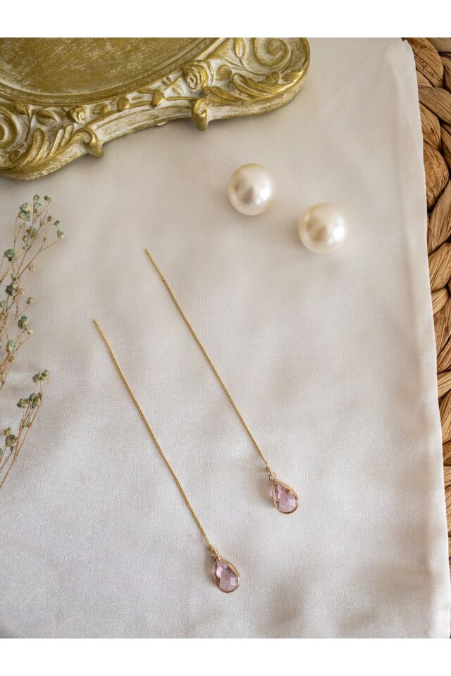 Pembe Damla Taşlı Gold Zincir