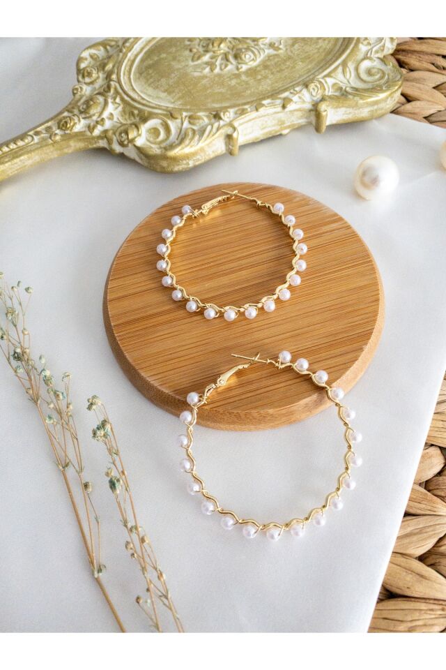 Gold Burgu İncili Halka Küpe