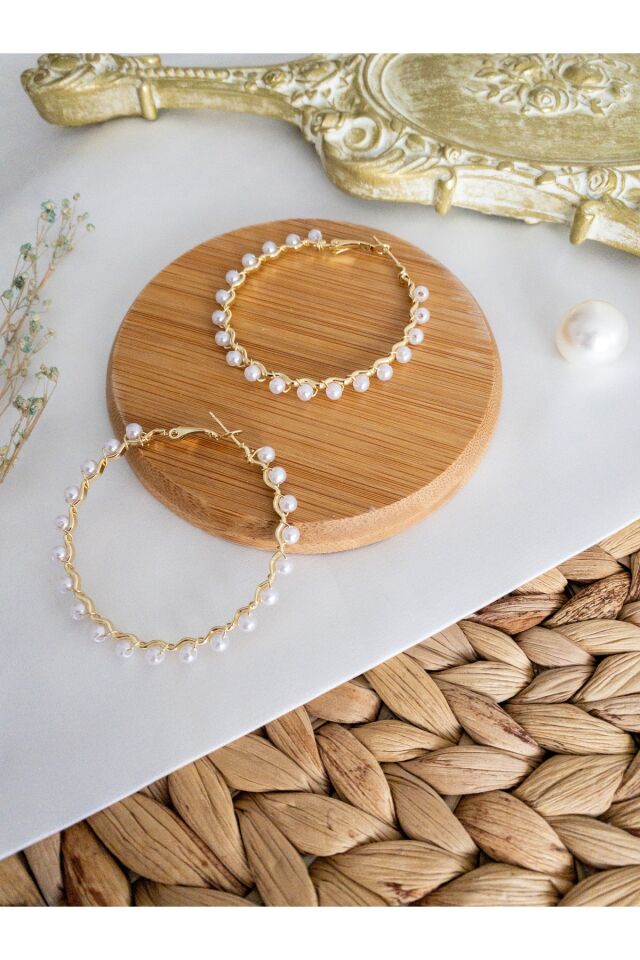 Gold Burgu İncili Halka Küpe