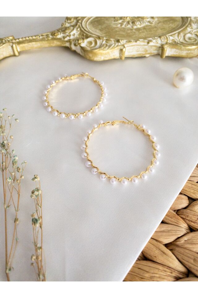 Gold Burgu İncili Halka Küpe