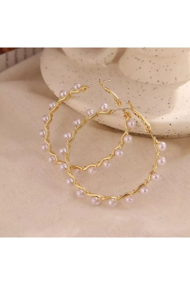 Gold Burgu İncili Halka Küpe