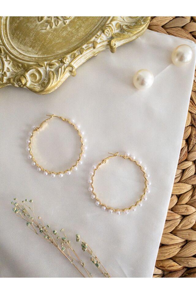 Gold Burgu İncili Halka Küpe