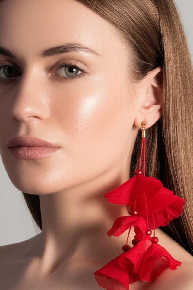 Kırmızı Tül Gelincik Üzeri Çin Kristali Detaylı Uzun Küpe