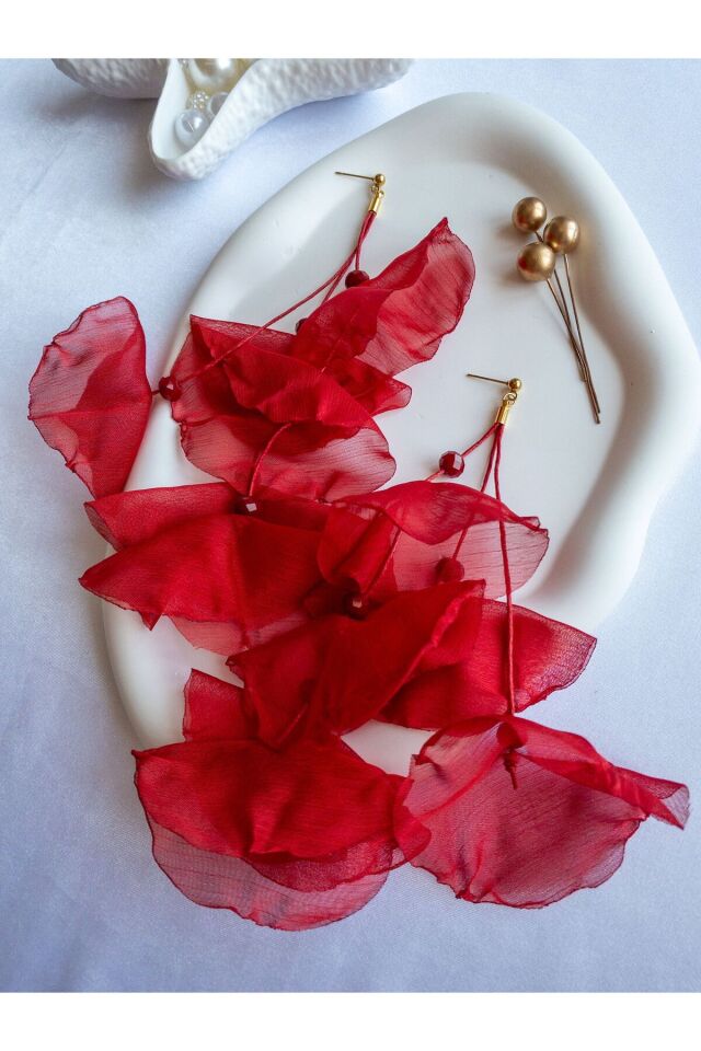 Kırmızı Tül Gelincik Üzeri Çin Kristali Detaylı Uzun Küpe