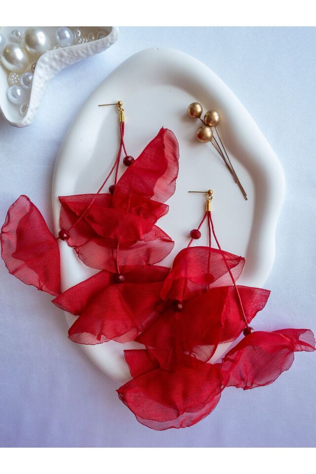 Kırmızı Tül Gelincik Üzeri Çin Kristali Detaylı Uzun Küpe